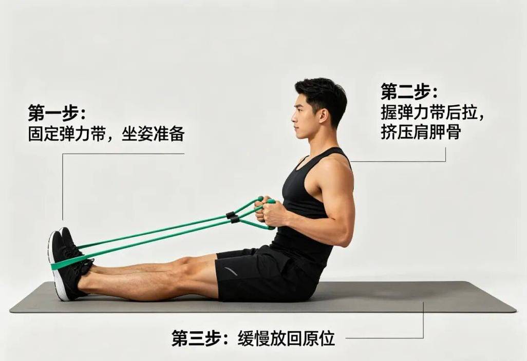 站姿弹力带划船正确动作侧面示范