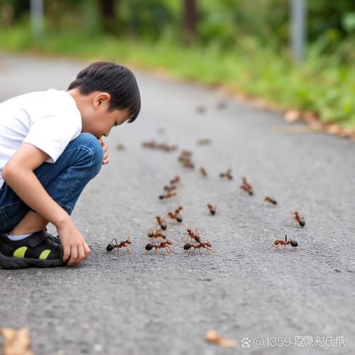 孩子蹲在公园路边观察蚂蚁搬食物