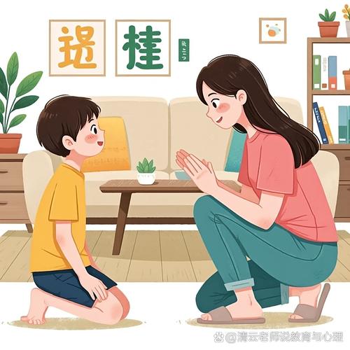 爸爸蹲下来和孩子平视交流耐心沟通场景图