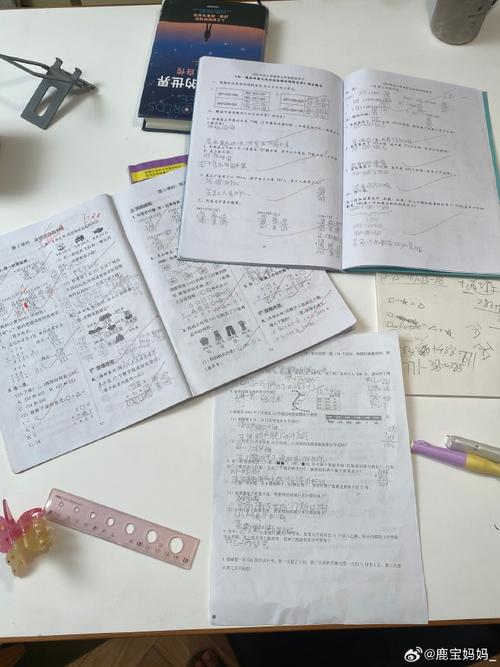 初二学生写数学函数作业的居家书桌