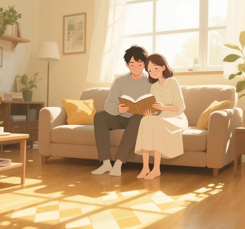 夫妻各自享受独处时光的温馨场景 漫画风格