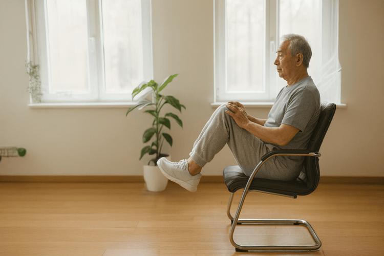 中老年客厅坐式抬腿锻炼实拍