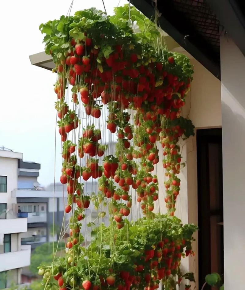 居家阳台盆栽香葱草莓角落