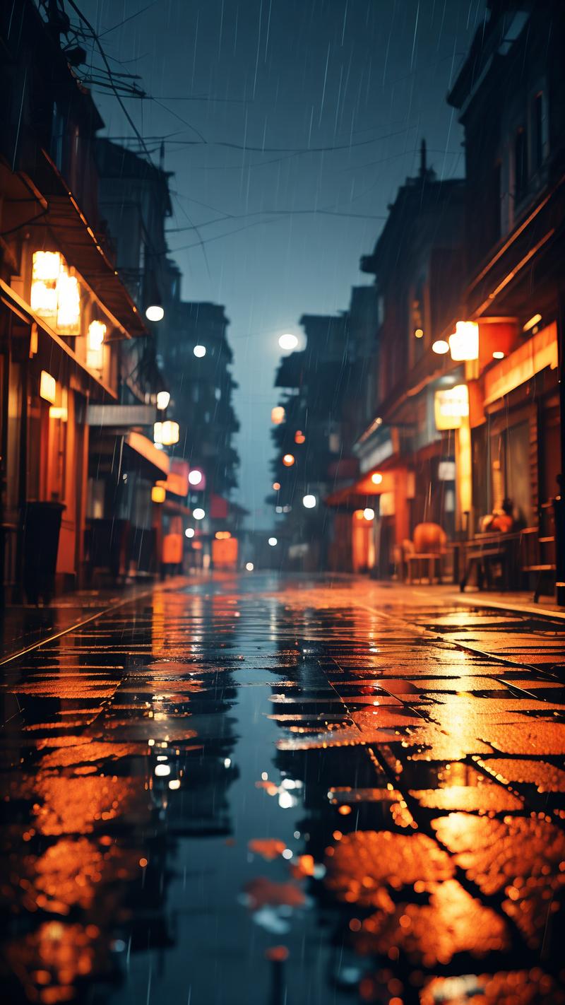 夜晚细雨中的重庆老街,暖黄灯光映在湿漉漉的石阶上,雾气弥漫