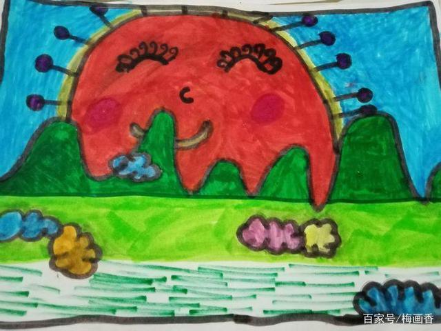 儿童在课堂画绿色太阳的艺术作品