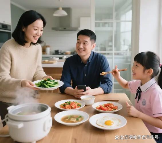 亲子餐桌讨论地理题日常场景照