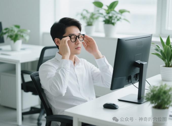 工位上揉酸涩眼睛的上班族特写