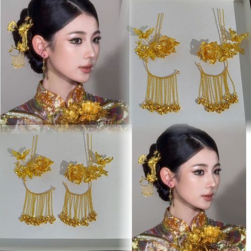 中式婚礼新娘头戴流苏步摇特写