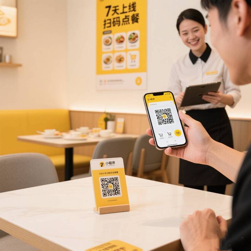 餐馆餐桌扫码点餐场景实拍图