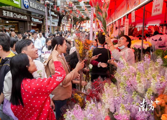 广州荔湾区老城迎春花市行人挤过桃花摊