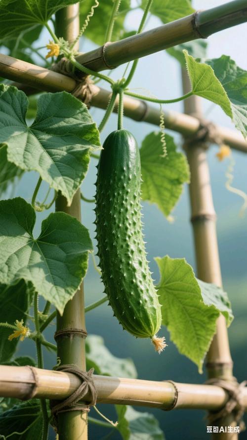 夏日菜园竹架上挂着的带刺嫩黄瓜