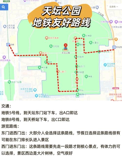 天坛东门地铁站A口到公园入口的步行指引牌