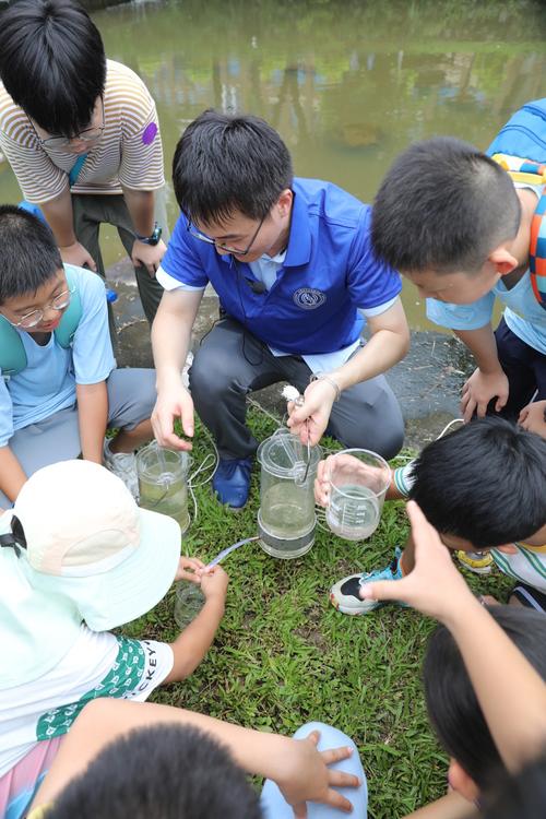 孩子们在湿地采集水样做实验