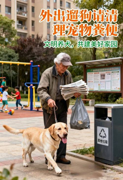 城市小区文明遛狗牵绳捡屎场景
