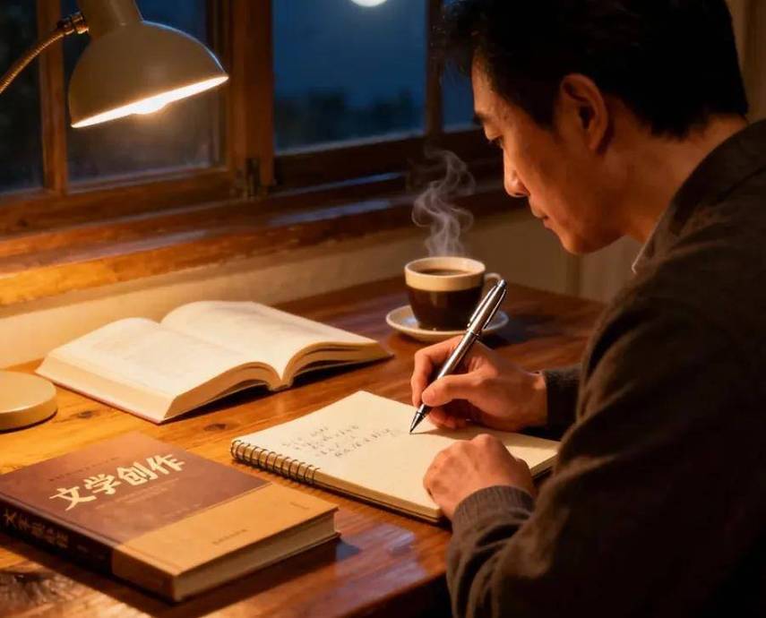 深夜台灯下作家对着电脑苦思冥想小说情节
