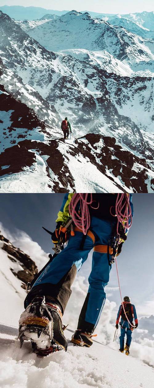 雪山攀登者穿着冰爪高帮登山靴