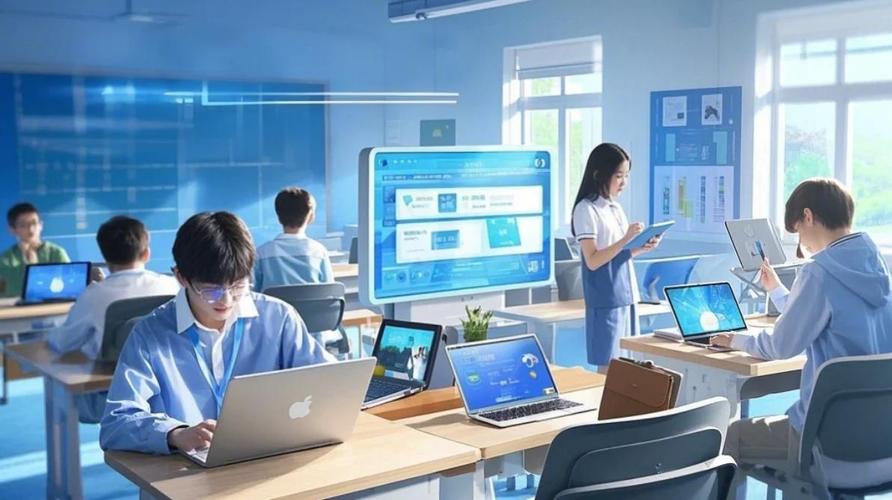 数字化教学智慧课堂学生分组用平板激烈讨论场景