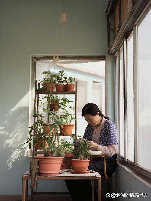 更年期女性居家阳台浇花日常场景