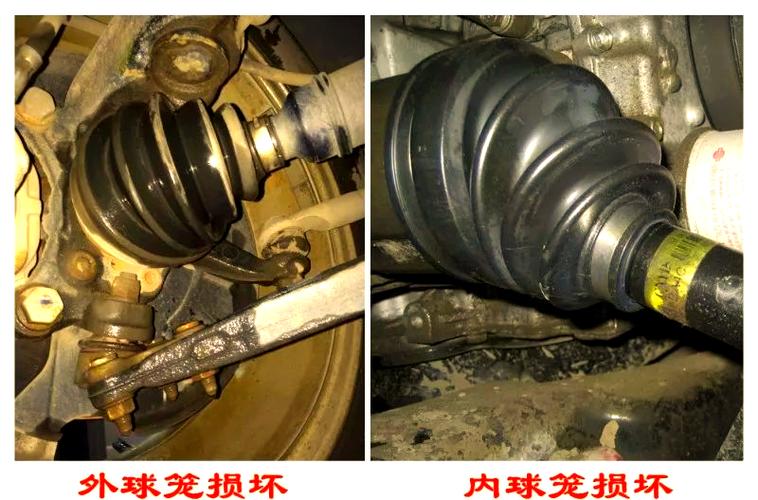 汽修师傅举着手电检查汽车前轮外球笼磨损情况