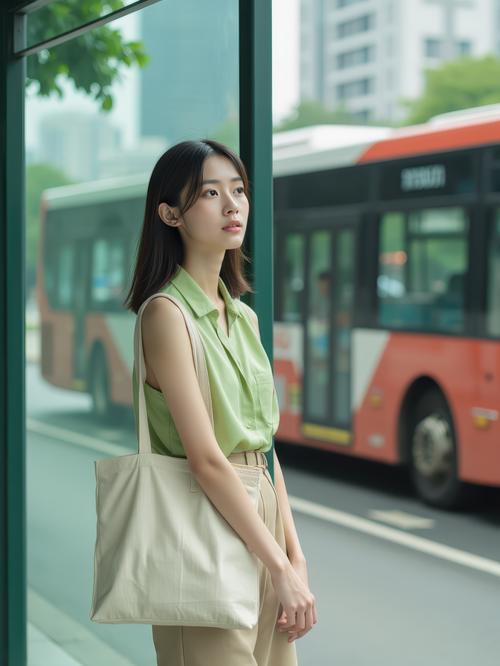 南京冬天小雨天 公交站台拎帆布包的中年女教师