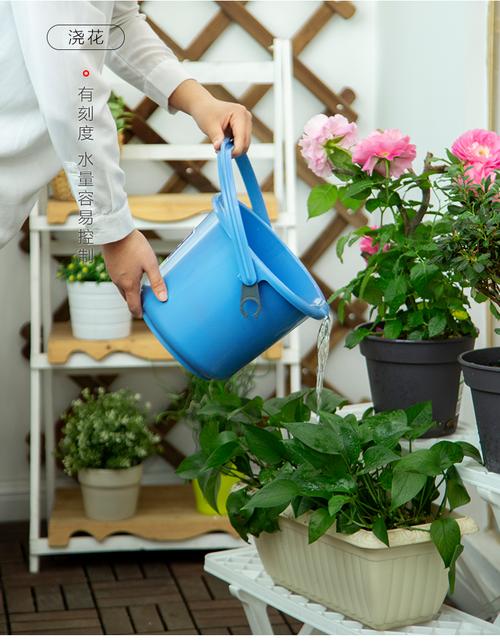 阳台角落静置的5升透明塑料浇花水桶实拍