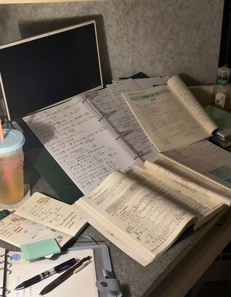 深夜书桌上堆满省考资料和咖啡杯