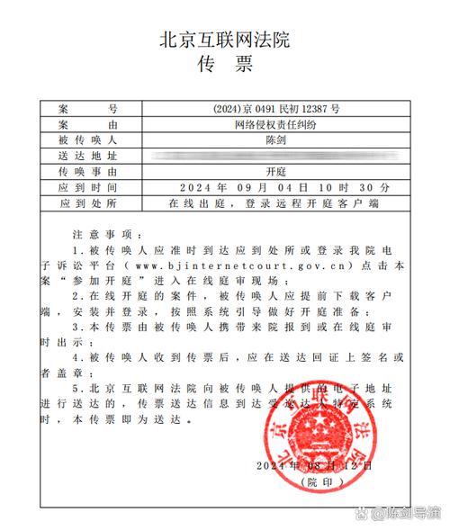 网络造谣侵权案法院传票实物图