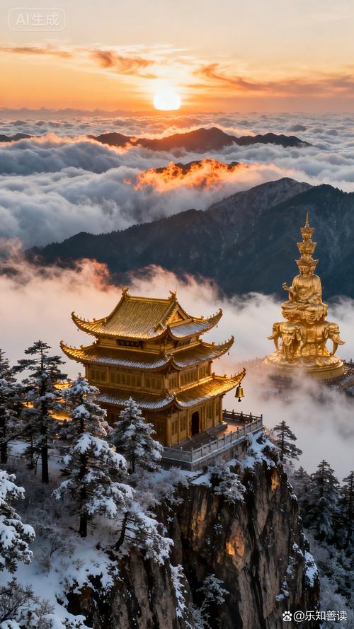 峨眉山金顶佛像被薄雾笼罩的庄严景象
