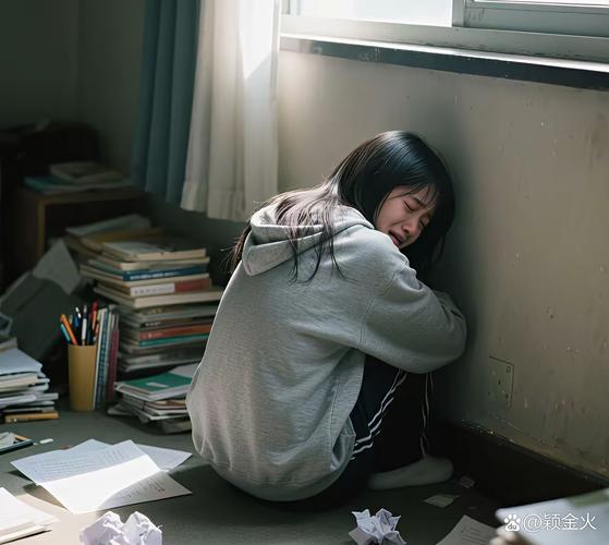 中学课间走廊靠窗哭泣的女生背影