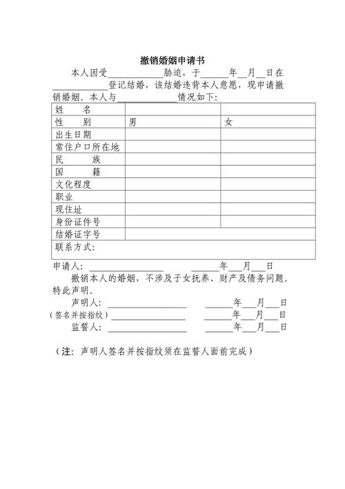 婚姻撤销申请书模板图示