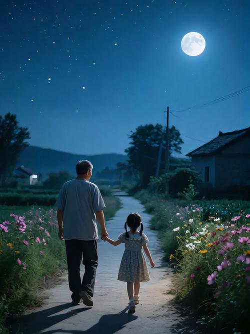 夜晚亲子散步孩子抬头问月亮