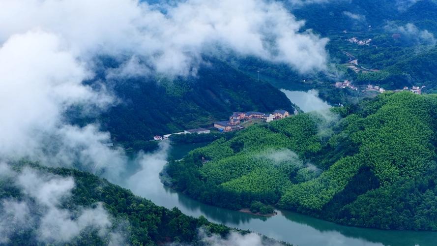 池州秋浦河岸边秋日茶林的晨雾场景