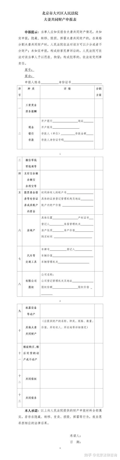 离婚诉讼费财产申报单样本
