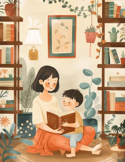 妈妈和孩子一起指读绘本的温馨画面
