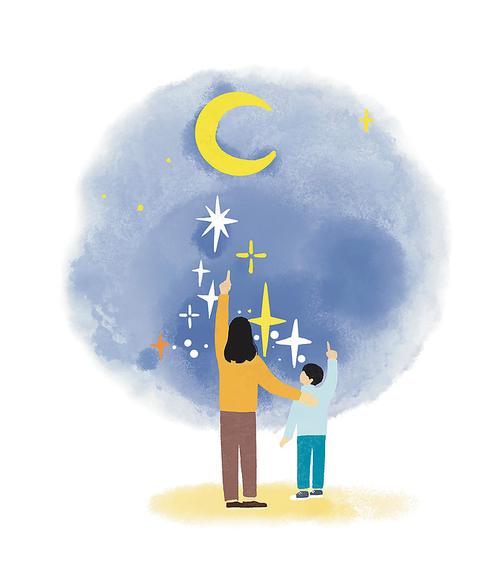 冬夜居民楼楼下并肩抬头看星空的母子