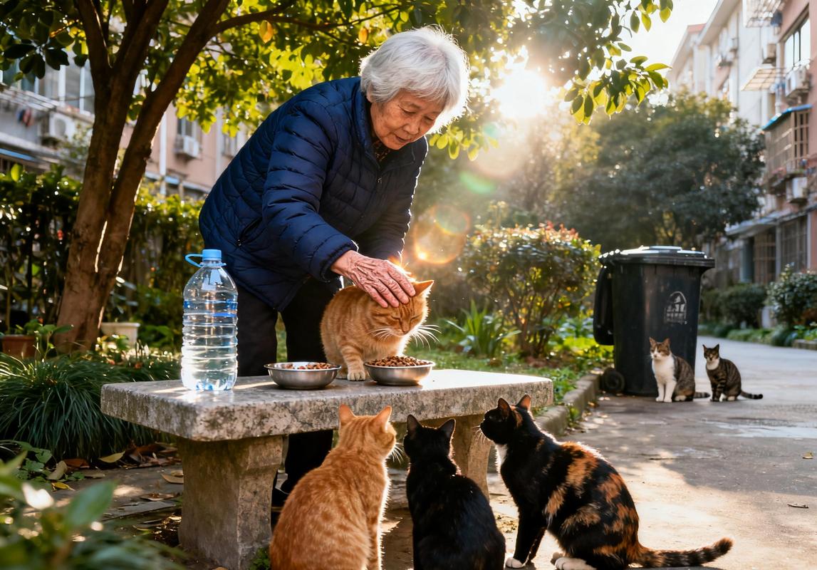 小区单元楼门口居民投喂流浪猫场景