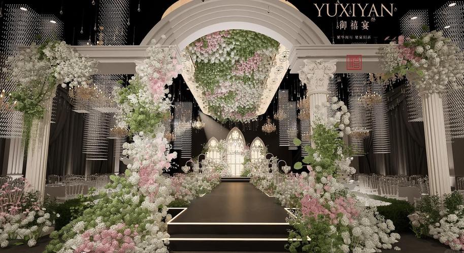 现代婚礼大型凤冠鲜花吊顶装置实景