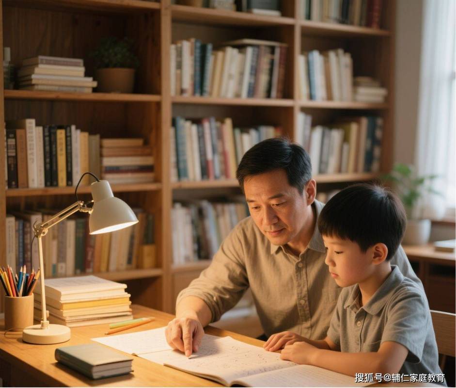 家长陪小学生在家辅导写作业书桌场景
