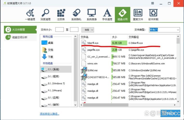 Windows休眠文件hiberfil.sys占用磁盘空间软件分析图