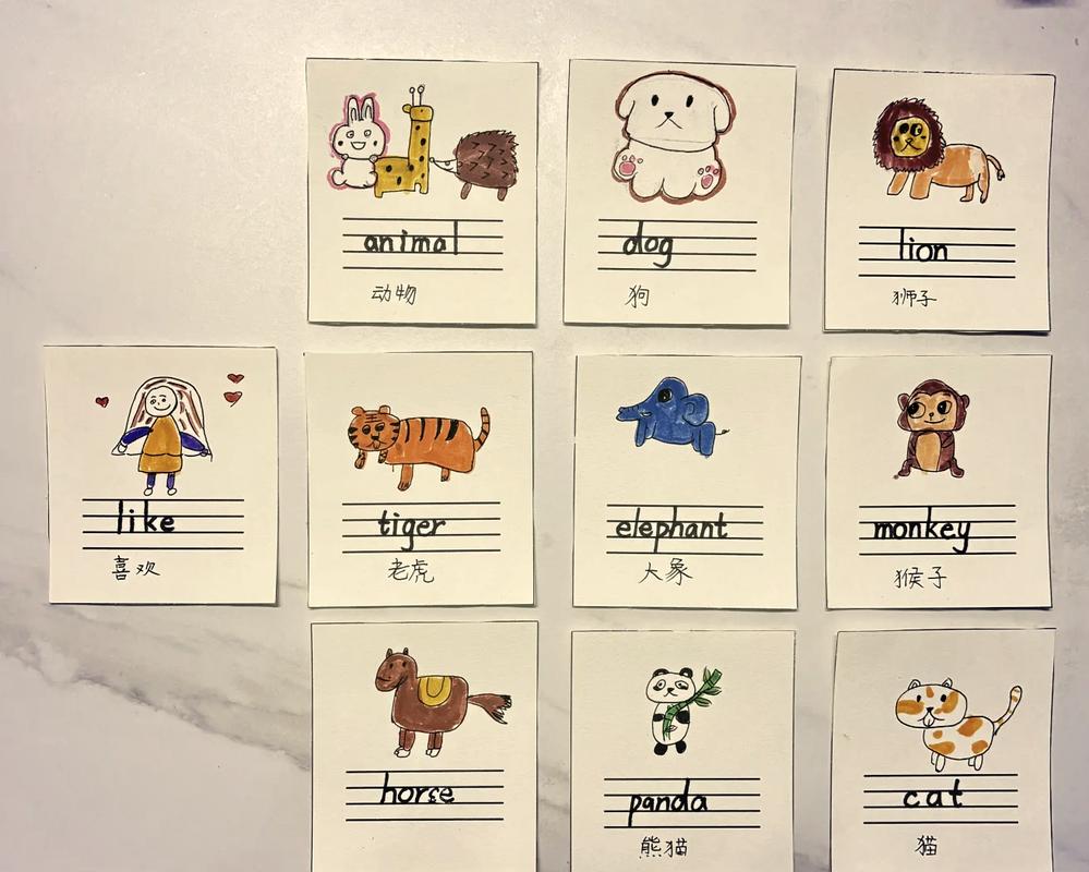 小学低年级孩子手绘单词卡实拍