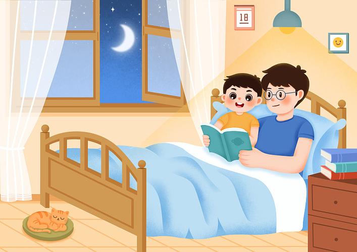 工业从业者父亲床边陪孩子读绘本睡前十分钟