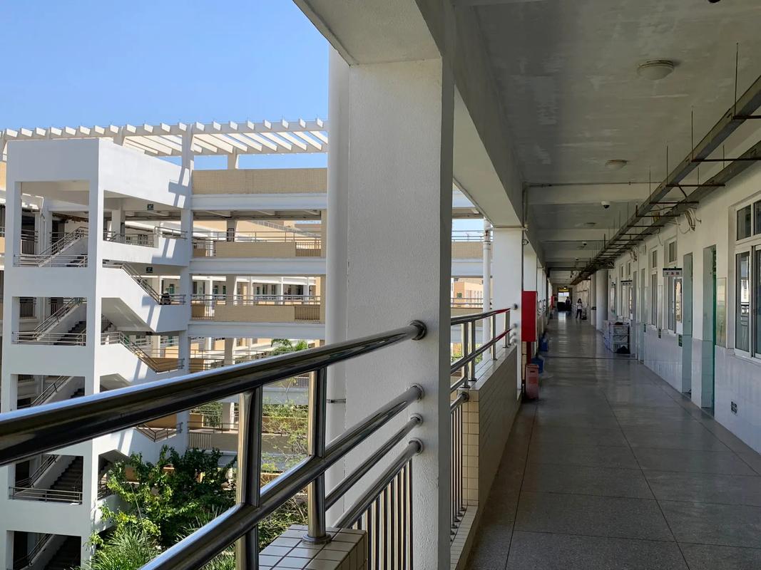 中学校园课间学生走廊远眺场景