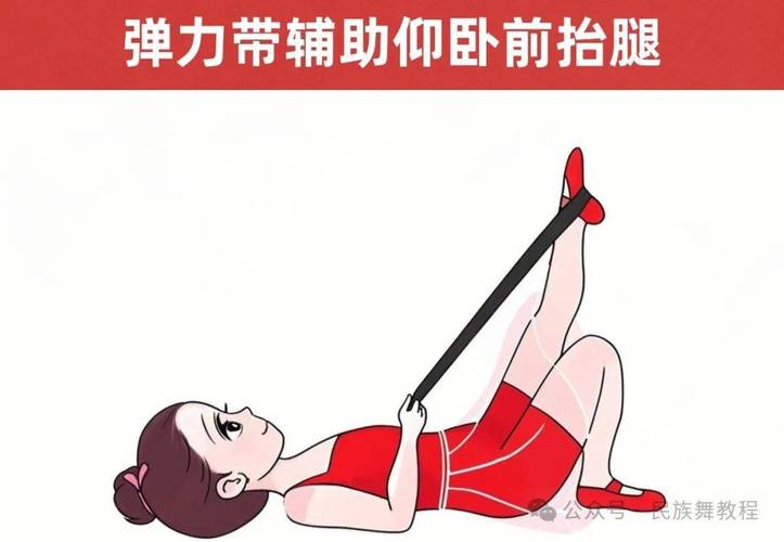 家用弹力带腿部拉伸动作示意图