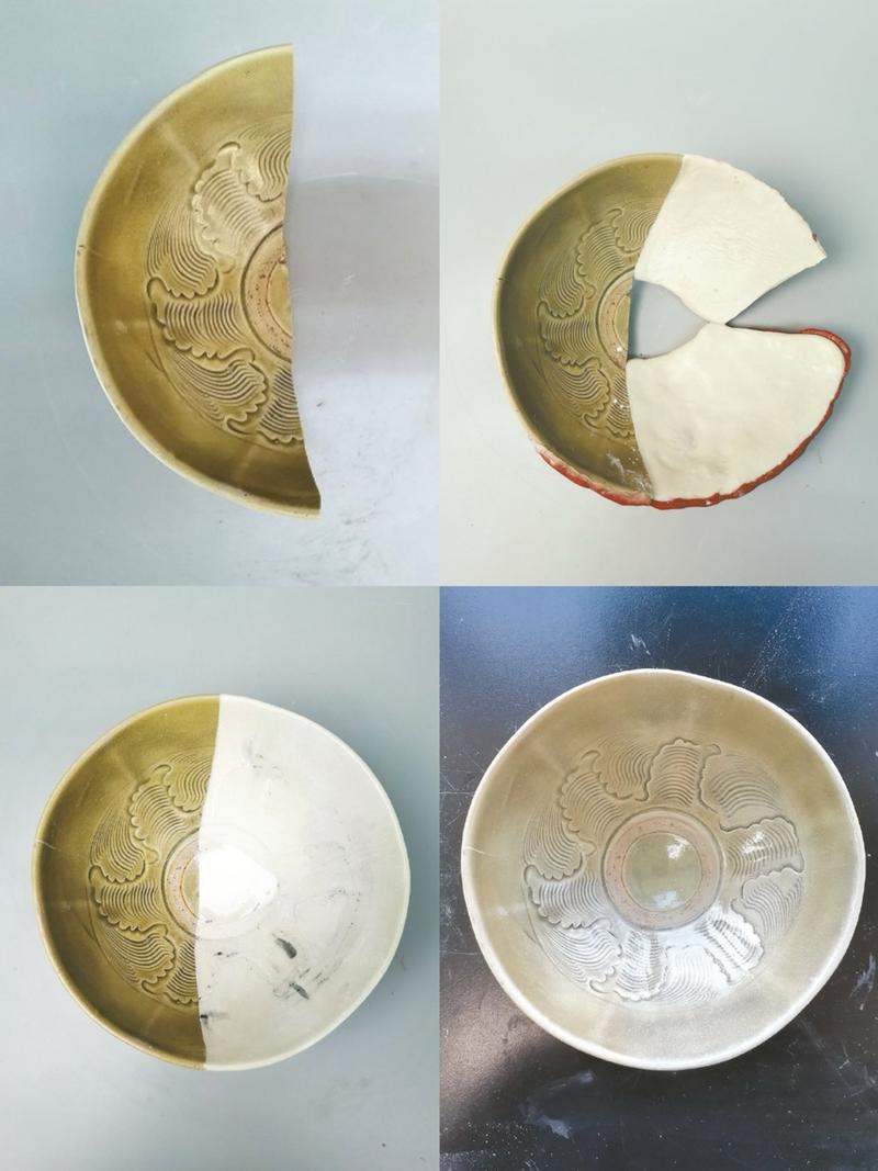 传世青花小碗文物残损修复前后对比图