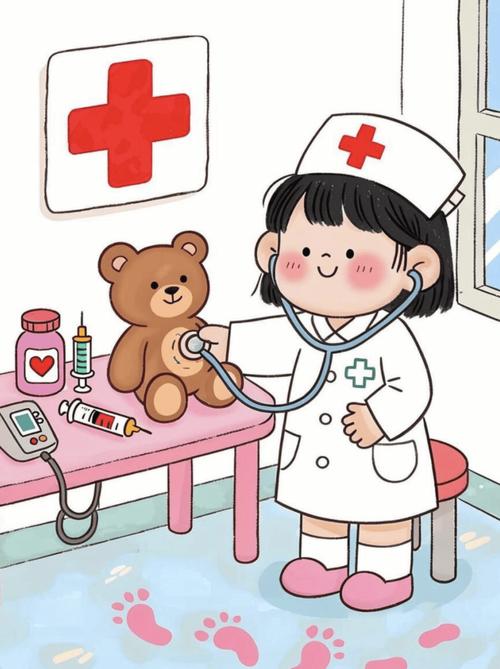 儿科医生穿着卡通图案隔离衣为孩子听诊