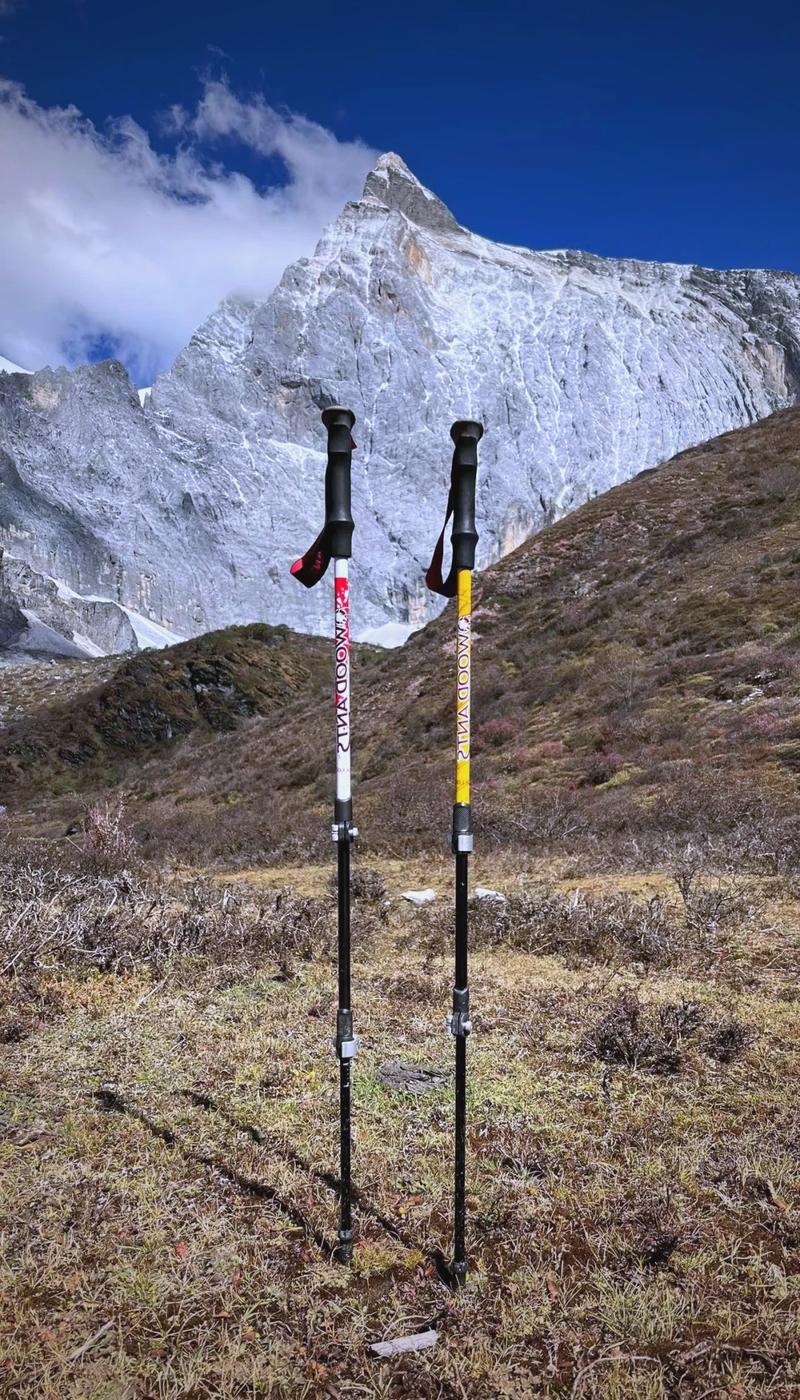 武功山清晨草甸带露水的登山杖握柄