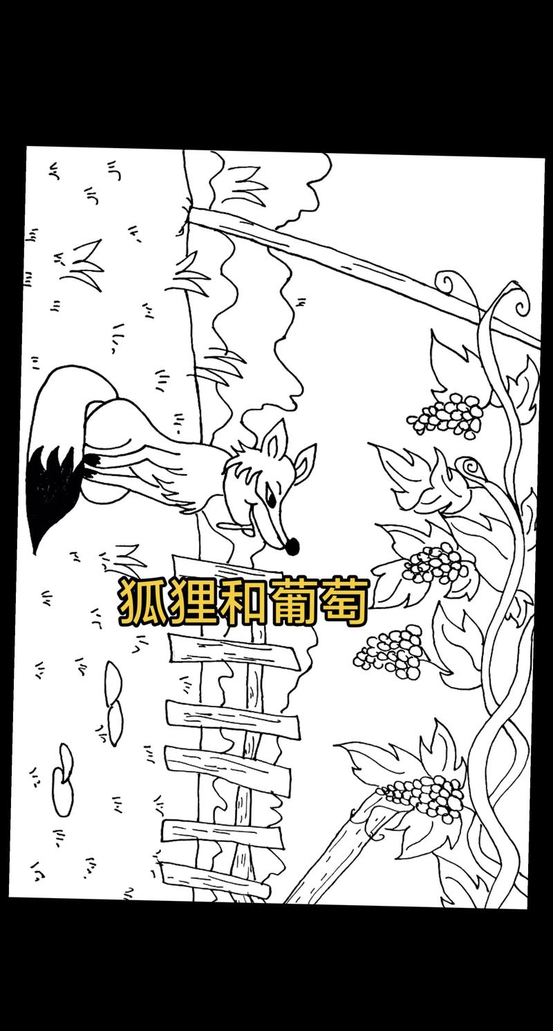 插画风格狐狸仰望葡萄架的黑白素描