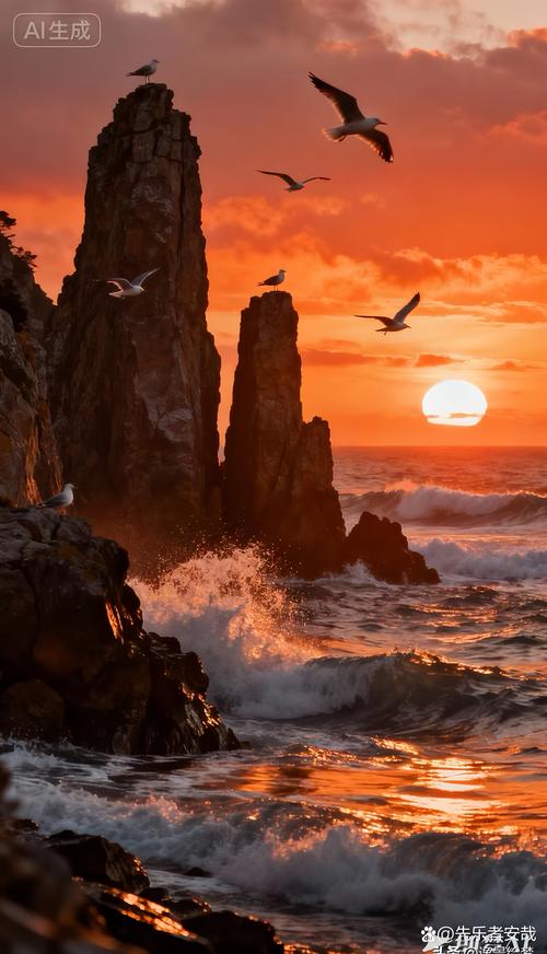 海岸悬崖边汹涌海浪拍打礁石夕阳