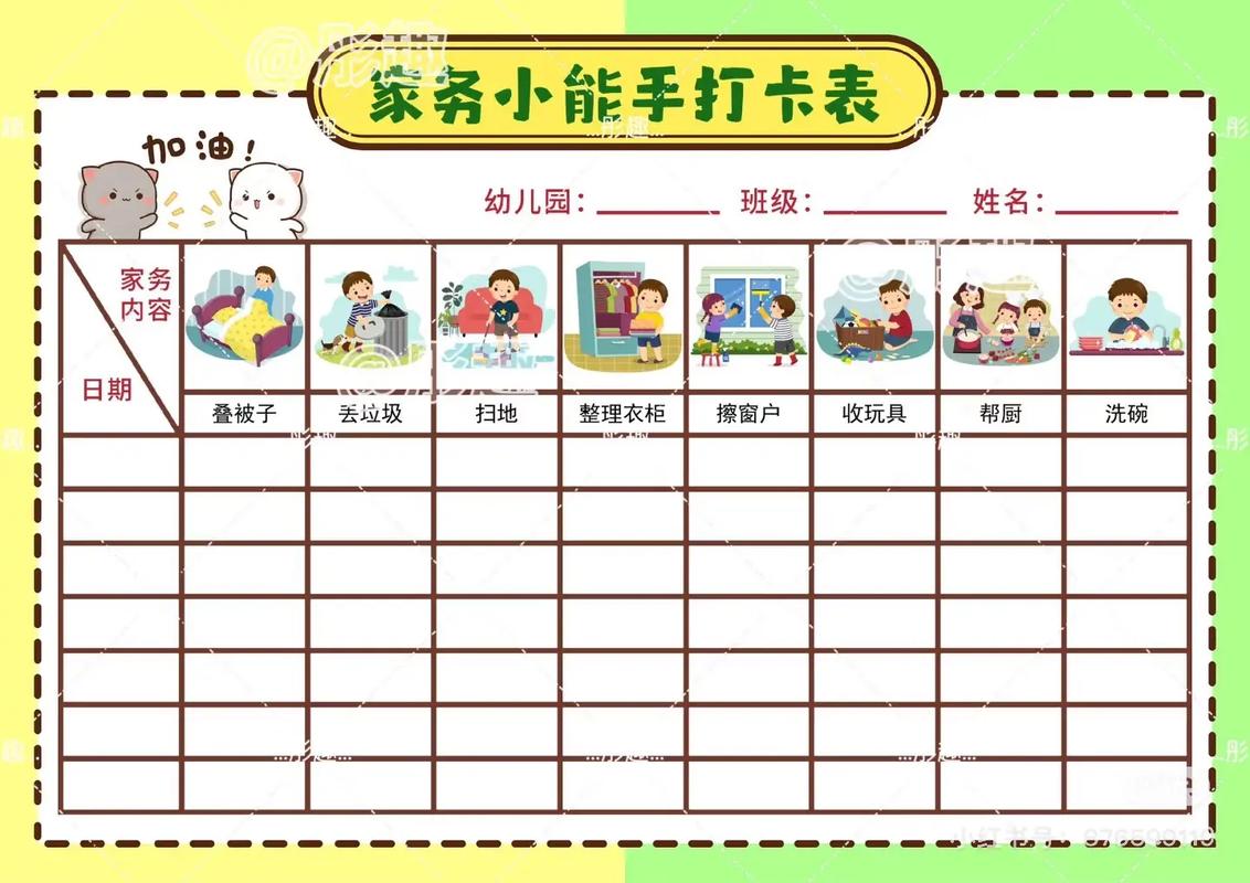 墙上贴满孩子绘画作品和打卡表的家庭一角