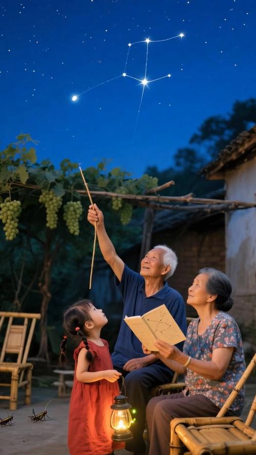 小区花坛边家长带儿童抬头看夏季星空